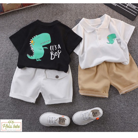 Set quần áo cho bé trai - Áo polo họa tiết khủng long, quần kaki cho bé từ 1-6 tuổi - L003