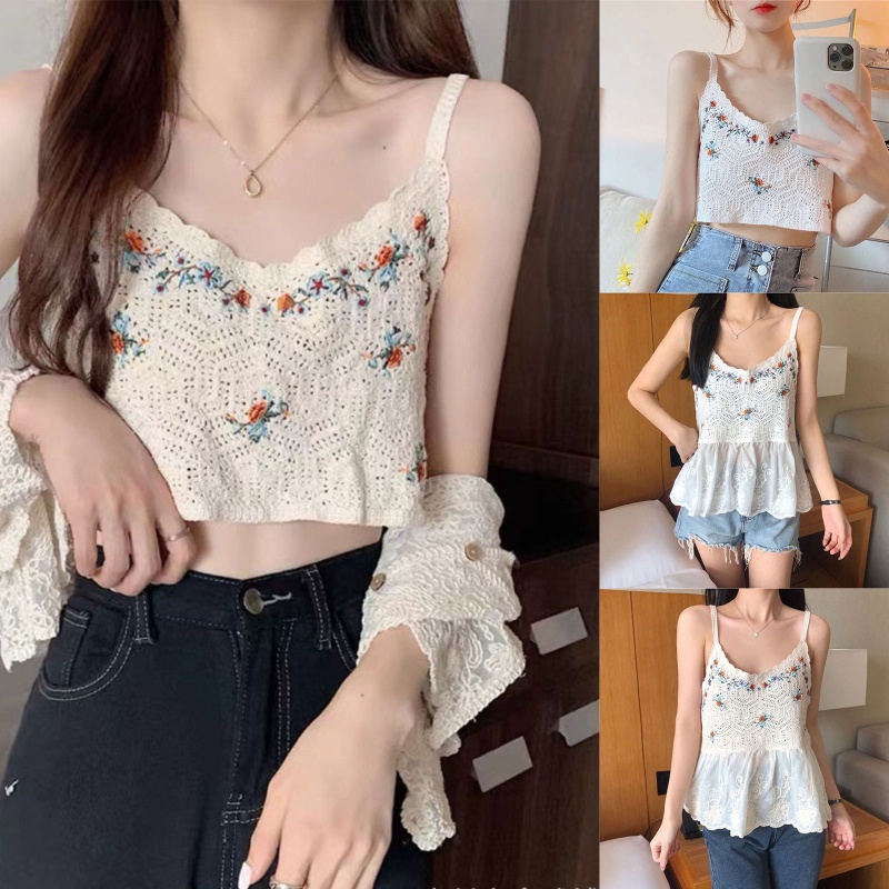 Áo Croptop Sát Nách Cổ Tròn Hoạ Tiết Thêu Phong Cách Bohomian
