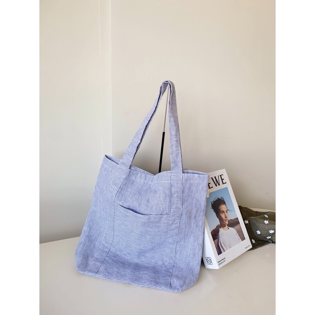 [ẢNH THẬT] Linen Tote Bag - Túi Tote vải lanh kẻ sọc xanh