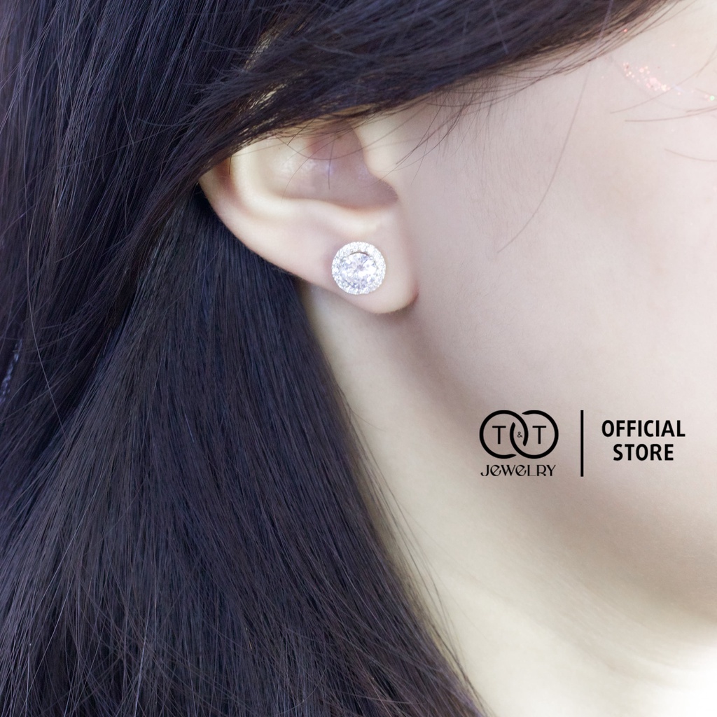 Bông Tai Bạc Ý Đính Đá Viền Tròn s925 T&amp;T Jewelry nụ đá cao cấp cho nữ BT012