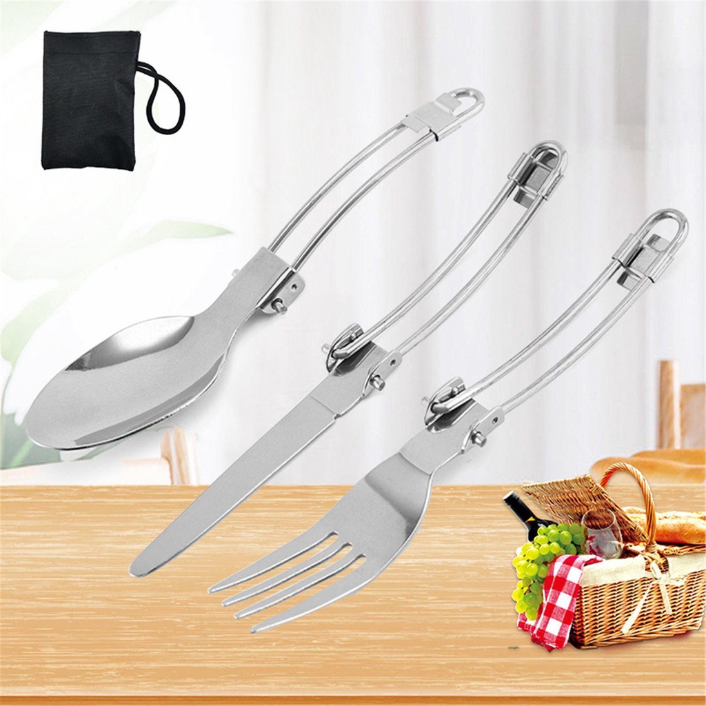 Bộ 3 Muỗng Nĩa Bằng Thép Không Gỉ Có Thể Tái Sử Dụng Tiện Lợi Cho Cắm Trại