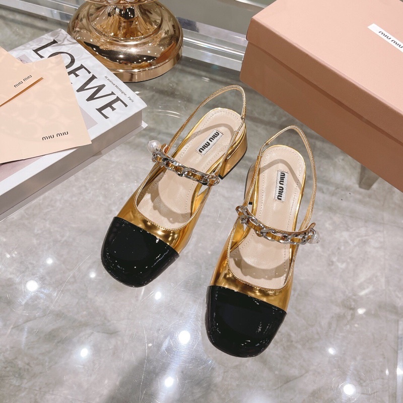 Giày cao gót quai hậu mũi tròn da thật cao cấp màu ánh kim thương hiệu thời trang cao cấp Miu Miu