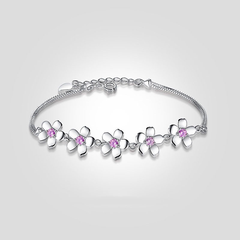 Mới 925 Mạ Bạc Trang Sức Hoa Anh Đào Vòng Tay Dát Hồng Kim Cương