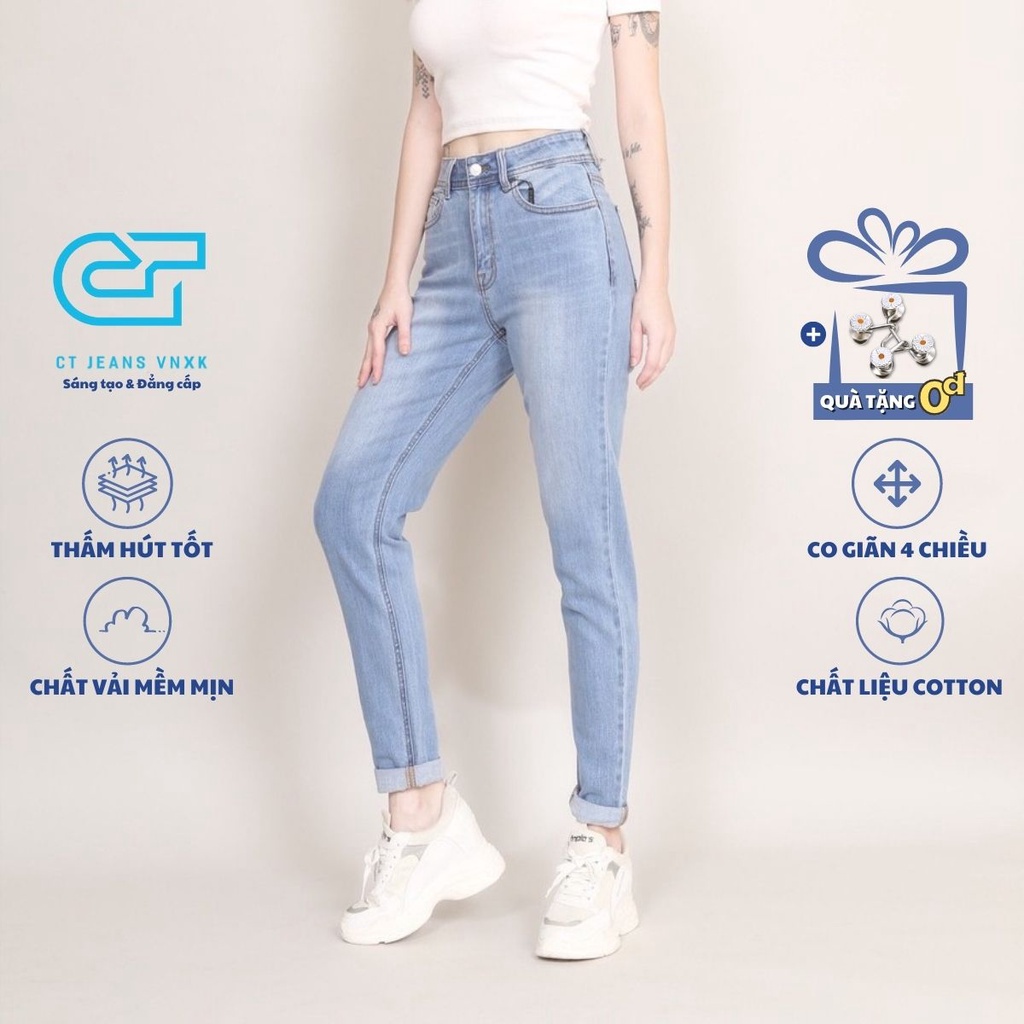 [Mã BMBAU50 giảm 7% đơn 99K] Quần Jean Nữ Boyfriend Trơn Cạp Cao co dãn CT Jeans, Quần jean nữ baggy lưng cao