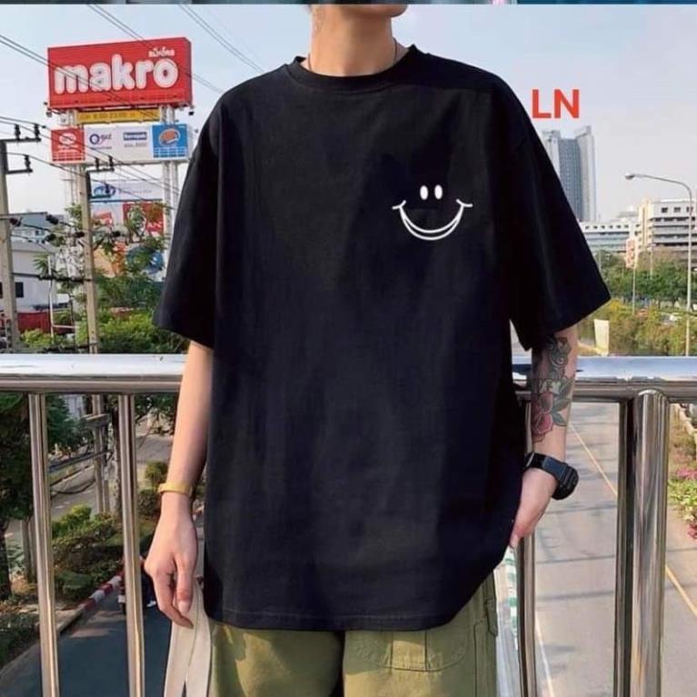 Áo thun hè logo form rộng nam nữ mặt cười basic chất cotton hai size xuongmayconghuong