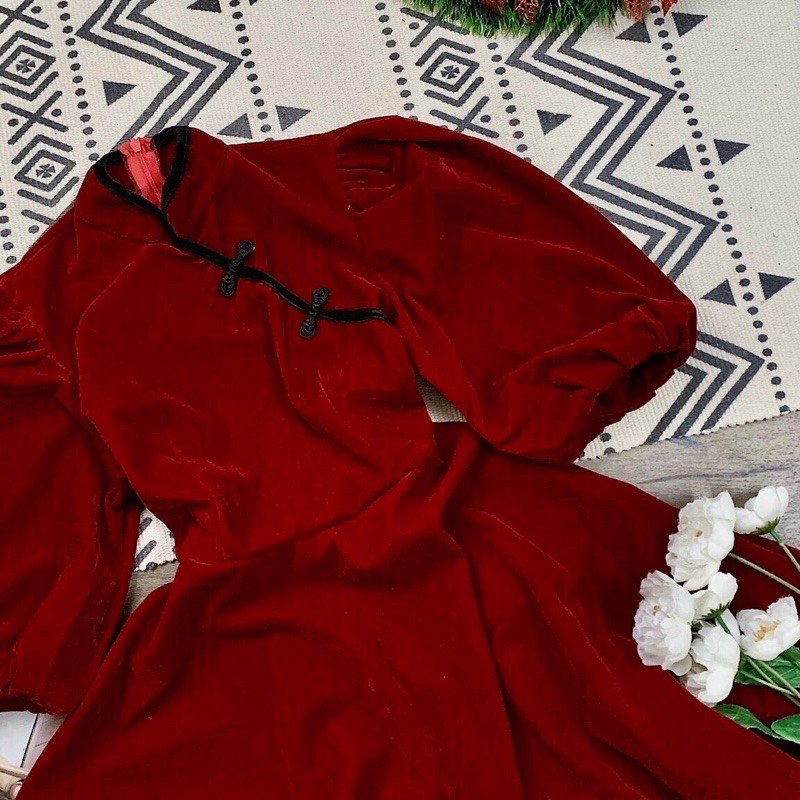 (Ảnh thật váy Noel/Tết) Đầm ulzzang nhung đỏ cổ tàu trung hoa tay bồng 2 lớp mềm mịn dày dặn | BigBuy360 - bigbuy360.vn