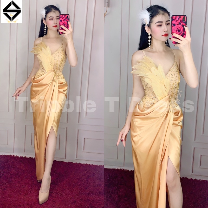 Đầm body dự tiệc 2 dây kết lông và cườm ôm dáng gợi cảm chất phi lụa MYMY02 - size M/L - MS371V