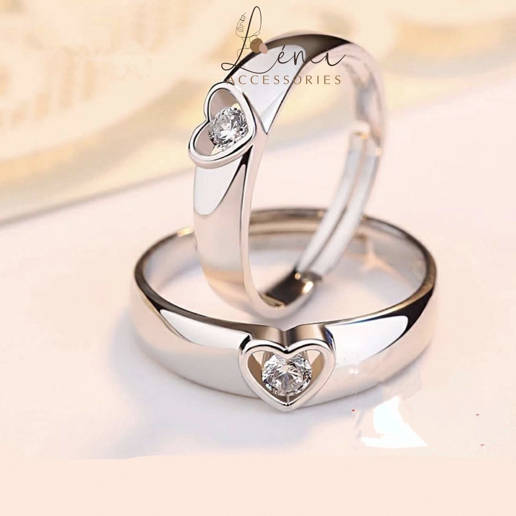 Nhẫn đôi nam nữ 2 trái tim đính đá đơn giản mạ bạc s925 bền màu có thể tự chỉnh size theo ý muốn Lémi accessories