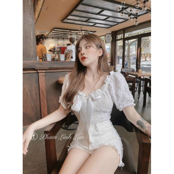 Áo Croptop Kiểu Nhún Bèo Nơ Ngực Tuyết's House