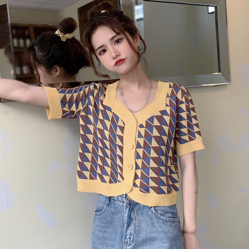 Áo Cardigan Dệt Kim Tay Ngắn Cổ Vuông Phối Nút Họa Tiết Sọc Caro Thời Trang Cho Nữ