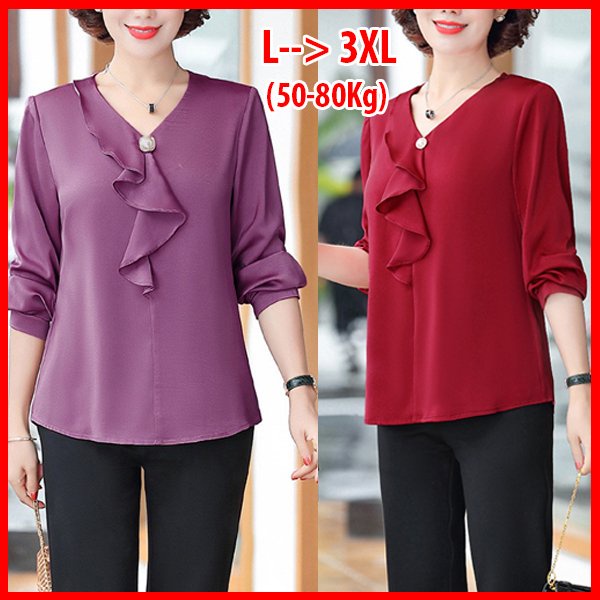 SHOPPRO - ÁO SƠ MI TRUNG NIÊN - ÁO KIỂU TRUNG NIÊN - ÁO SƠ MI QUÝ BÀ CỔ CHỮ V PHỐI BÈO NGỰC ĐÍNH PHỤ KIỆN 3A05