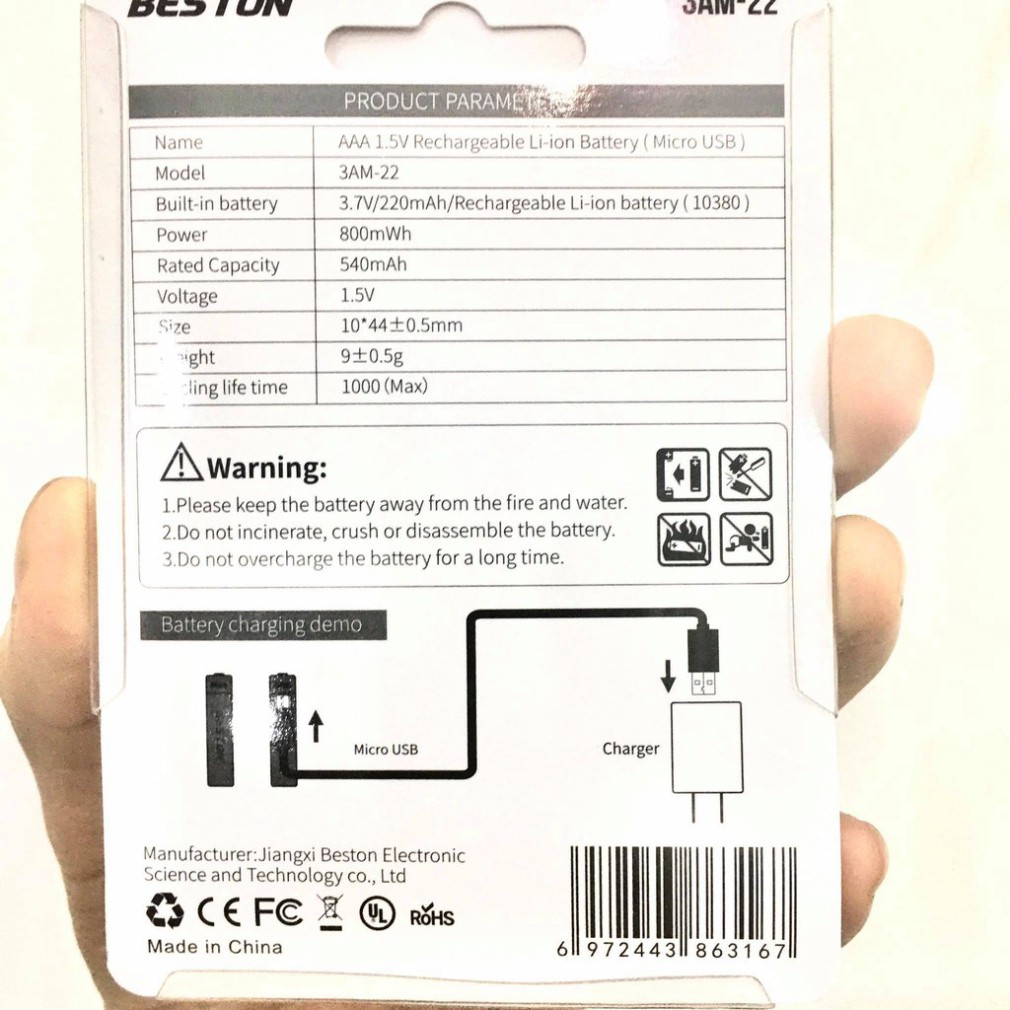Vỉ 2 Pin đũa sạc AAA cao cấp Beston 1.5V Dung lượng cao sạc nhanh trực tiếp bằng cổng micro USB | Pin sạc 3A cao cấp