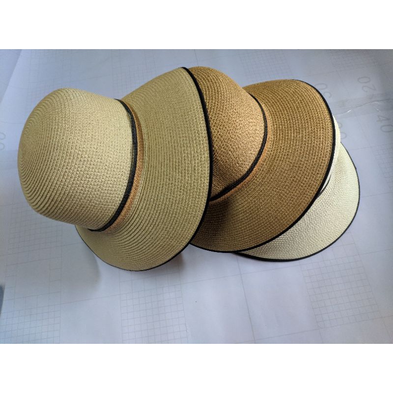 Nón mũ đi biển rộng vành nữ cói nơ sọc nâu đen thời trang Hàn Quốc
