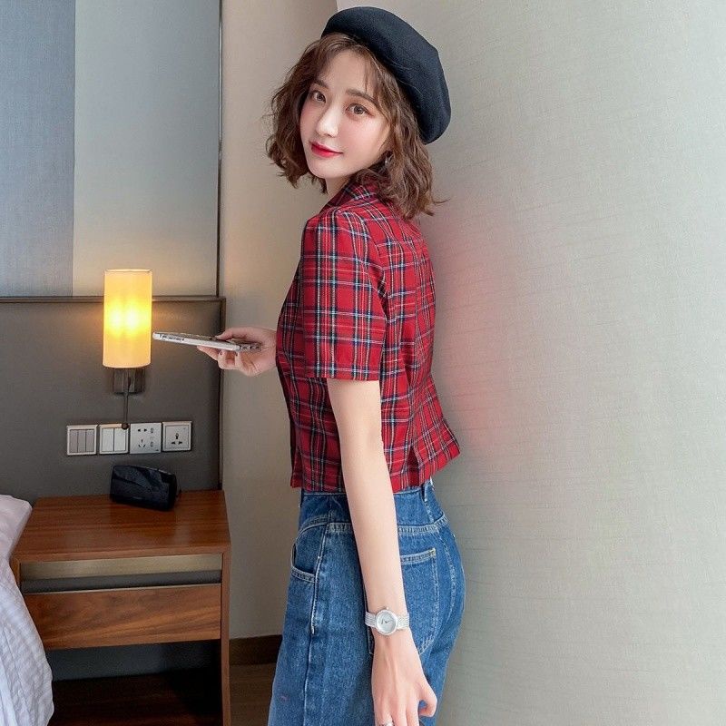 Áo Sơ Mi Voan Chiết Eo Cổ Điển Kiểm Tra Eo Mùa Hè Hàng Mới Dành Cho Nữ