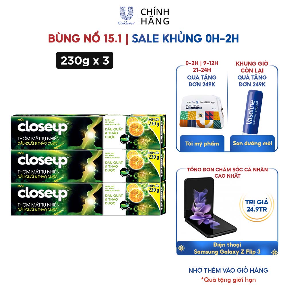 Combo 3 Kem đánh răng dạng gel sạch khuẩn Closeup Thơm Mát Tự Nhiên Dầu Quất, Thảo Dược 230g