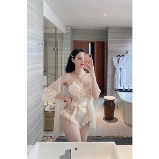 Bodysuit + choàng lụa mix ren ngực