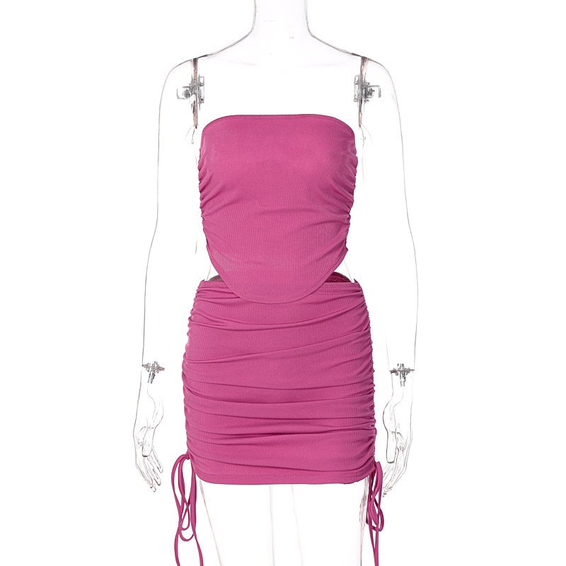 Set áo ống + chân váy rút dây màu trơn quyến rũ