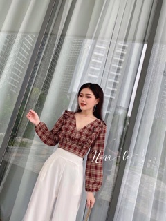 ÁO CROP CARO NƠ LƯNG (KÈM HÌNH THẬT)