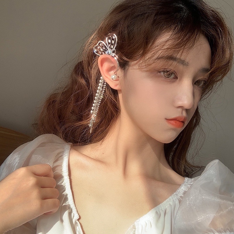 Khuyên tai đeo bên trái Haimeikang mặt hình bướm đính đá pha lê ngọc trai phong cách Hàn Quốc thời trang cá tính