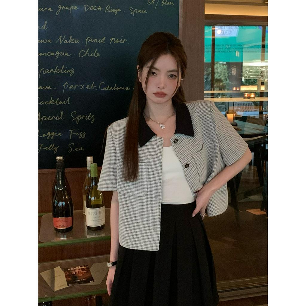 「 WELOVE1 」Áo Khoác Blazer Tay Ngắn Dáng Rộng Đa Năng Phối Màu Tương Phản Phong Cách Hàn Quốc Mới Cho Nữ
