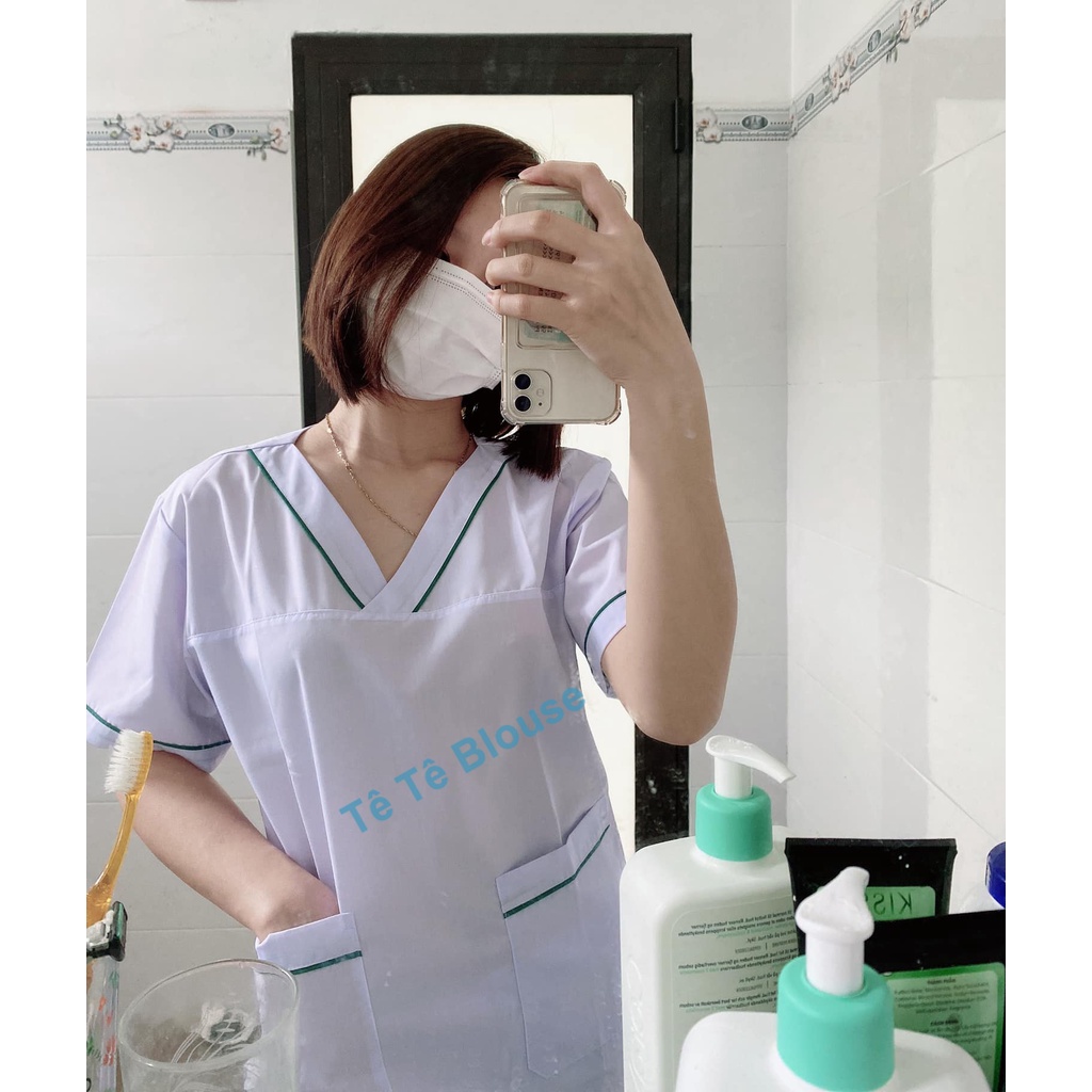 Bộ blouse cổ tim viền xanh lá cây nam nữ cộc tay - bộ scrubs kỹ thuật viên cho điều dưỡng, dược sỹ, y tá, bác sĩ