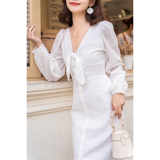 Ceci Cela - Đầm Ôm Chất Linen Cổ V Nơ Cột Kylin