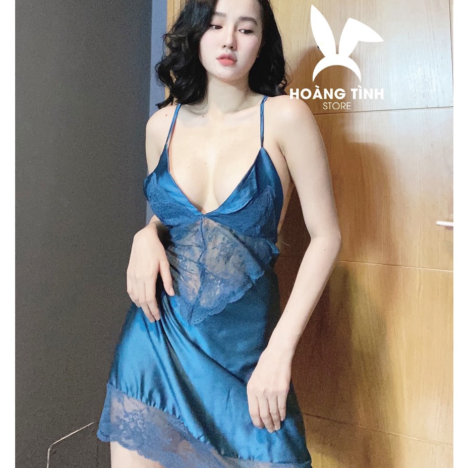Váy ngủ sexy gợi cảm 2 dây phối ren lai Hoàng Tình Store lụa satin mềm mại quyến rũ kèm quần đùi xinh xắn Freesize