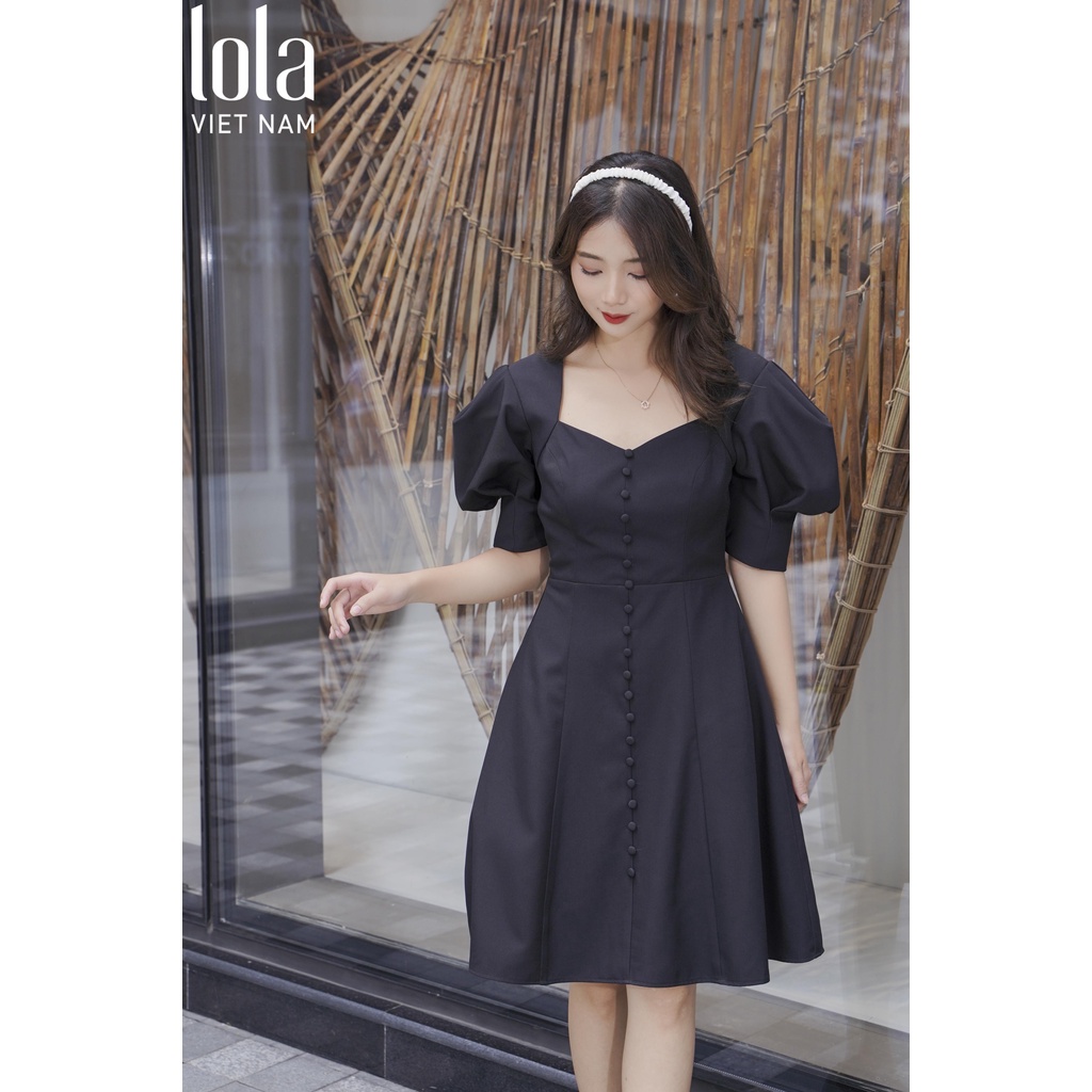 Váy nữ dáng Chữ  A  LOLA VIETNAM Thiết Kế Tay Phồng Xếp Ly  Màu Đen Trơn Sang Trọng, Đơn Giản Phù Hợp Đi Dự Tiệc, Đi Làm