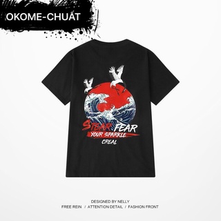 Áo Phông- Áo Thun dáng UNISEX Form Rộng Cổ Tròn Tay Lỡ NELLY Cotton 100% In Hình Mặt Trời Sóng Hạc