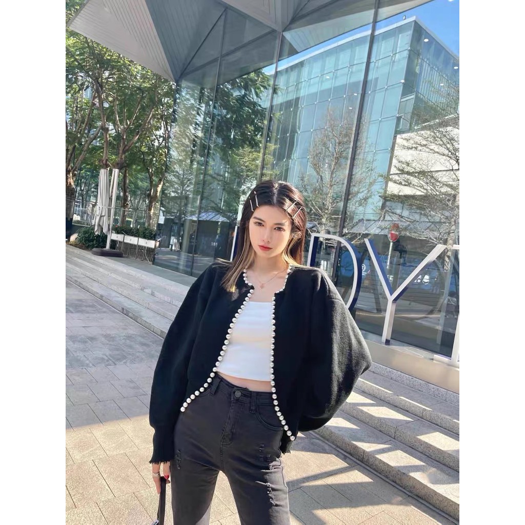 Áo Khoác Cardigan Dệt Kim Tay Dài Đính Ngọc Trai Phong Cách Blackpink