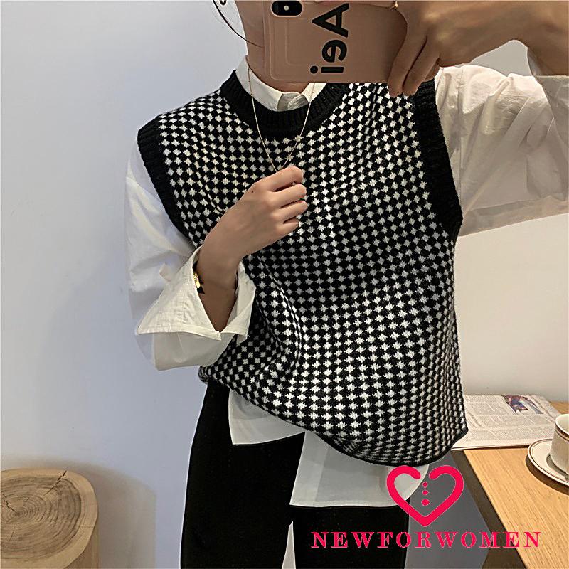 Áo Dệt Kim Sát Nách Cổ Tròn Dáng Rộng Màu Sắc Tương Phản Thời Trang Mùa Thu Cho Nữ