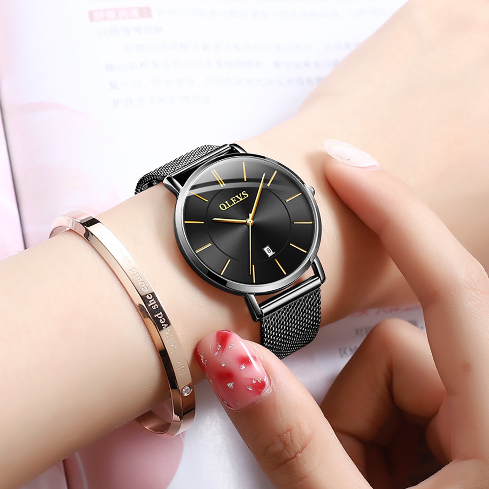 Đồng hồ đeo tay OLEVS 5869W dây đeo thép lưới siêu mỏng có lịch chống thấm nước màu vàng hồng thời trang cho nữ