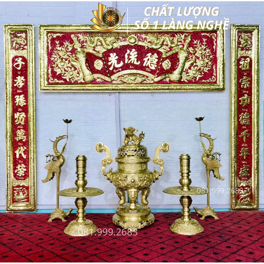 Bộ Đỉnh Đồng Ngũ Sự 45, 55 Đỉnh Hạc Chân Đèn Bằng Đồng Kích Thước Chuẩn Phong Thủy, Bộ Lư Đặt Bàn Thờ Bằng Đồng Đại Bái