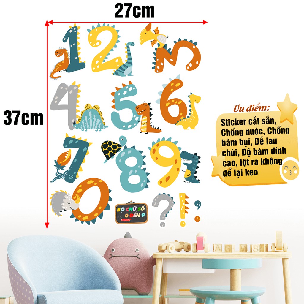 Decal Bảng Chữ Số Từ 0 đến 9 hình Khủng Long 𝑭𝒓𝒆𝒆𝒔𝒉𝒊𝒑 Màu Sắc Dễ Thương, hình ảnh sắc nét, chống nước