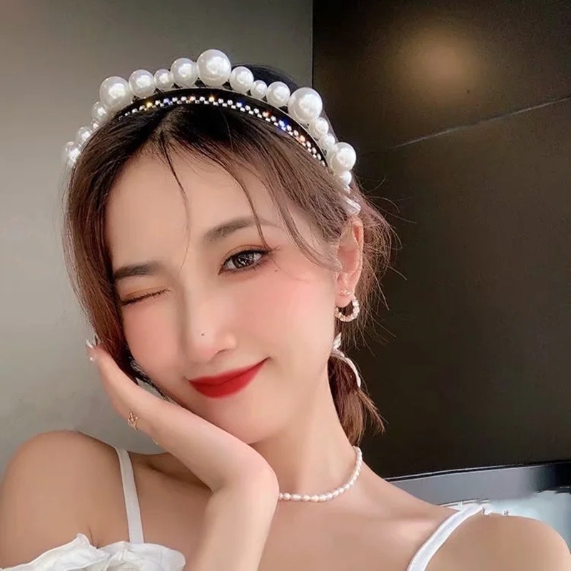 Băng Đô Cài Tóc Handmade Hình Vương Miện Có Đính Đá Và Ngọc Trai