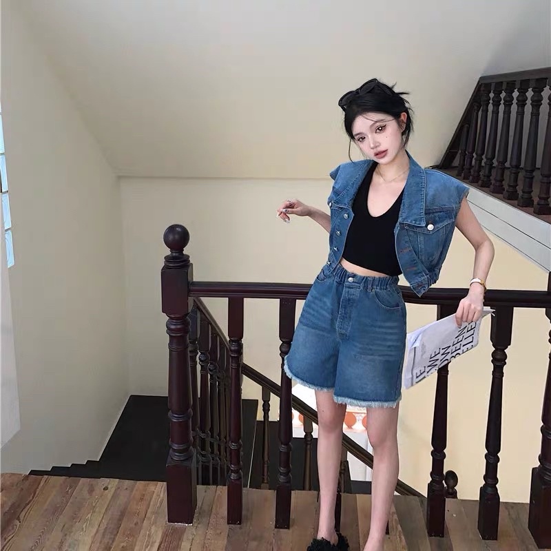 Áo khoác jean denim cộc tay bo chun croptop cá tính dành cho nữ