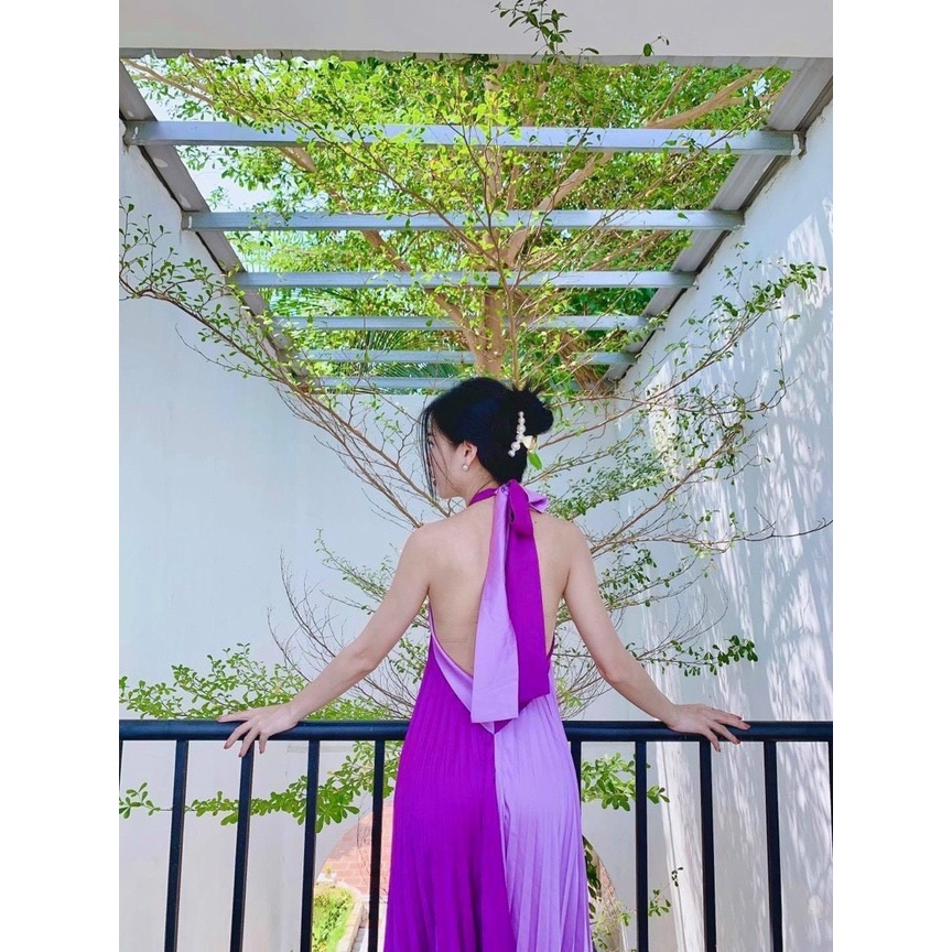 Đầm maxi dập ly tím phối màu hở lưng xòe rộng đi biển du lịch SELENA106A