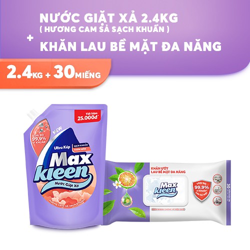 Combo Túi Nước Giặt Xả 2.4kg + Khăn Lau Bề Mặt Đa Năng Maxkleen