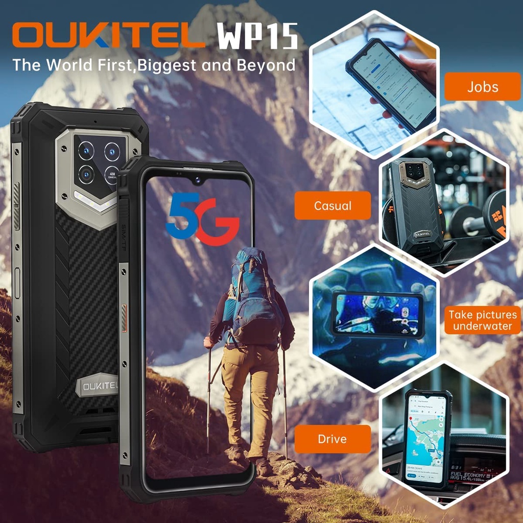 OUKITEL WP15 15600mAh 5G 6.5‘' HD Android11Mobile Phone 8GB+128GB Điện thoại bền chắc