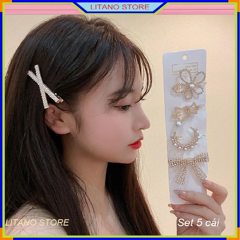 Kẹp Tóc Nữ Đính Đá Thời Trang Phong Cách Hàn Quốc Set 5 Chiếc Mẫu Hình Khác Nhau