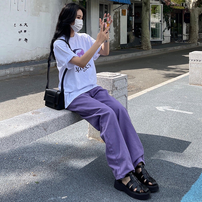 ◙☾Quần Jean Ống Rộng Lưng Cao Màu Tím Thời Trang Mùa Hè Hàng Mới Phong Cách Mỹ 2022 Cho Nữ