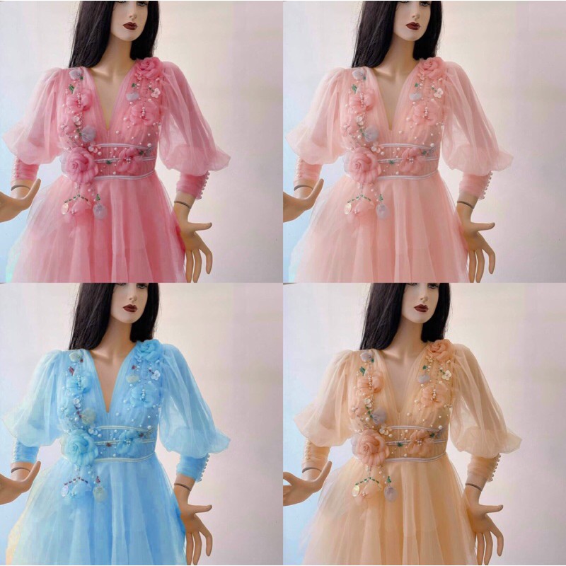 ẢNH VÀ VIDEO THẬT 1000% Đầm lưới tầng kết cườm và hoa nổi