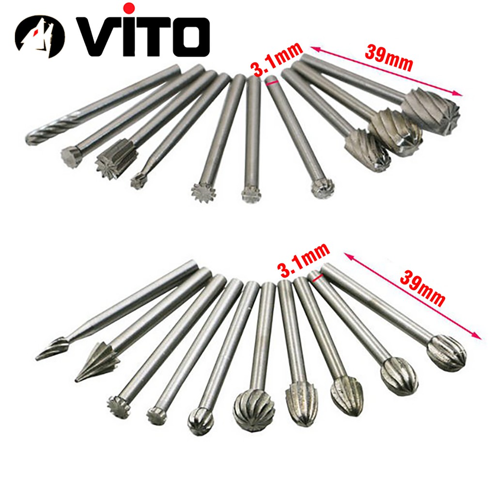 Bộ 10/20 Đầu Mũi Mài Khắc Làm Gỗ Lũa VITO Phủ Titanium Cán 3mm