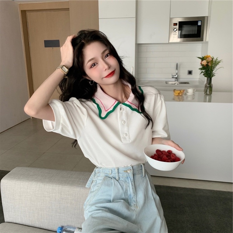 【Hana and Alice】Áo Thun POLO Dệt Kim Tay Ngắn Phong Cách Thời Trang Phương Tây