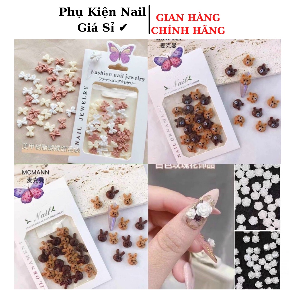 charm hoa, gấu, thỏ, nơ nhựa, chai rượu phụ kiện gắn móng