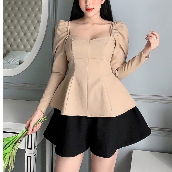 RECHIC Áo Ravi Màu Be cổ vuông kiểu dây tay phồng xinh xắn sang trọng dễ thương