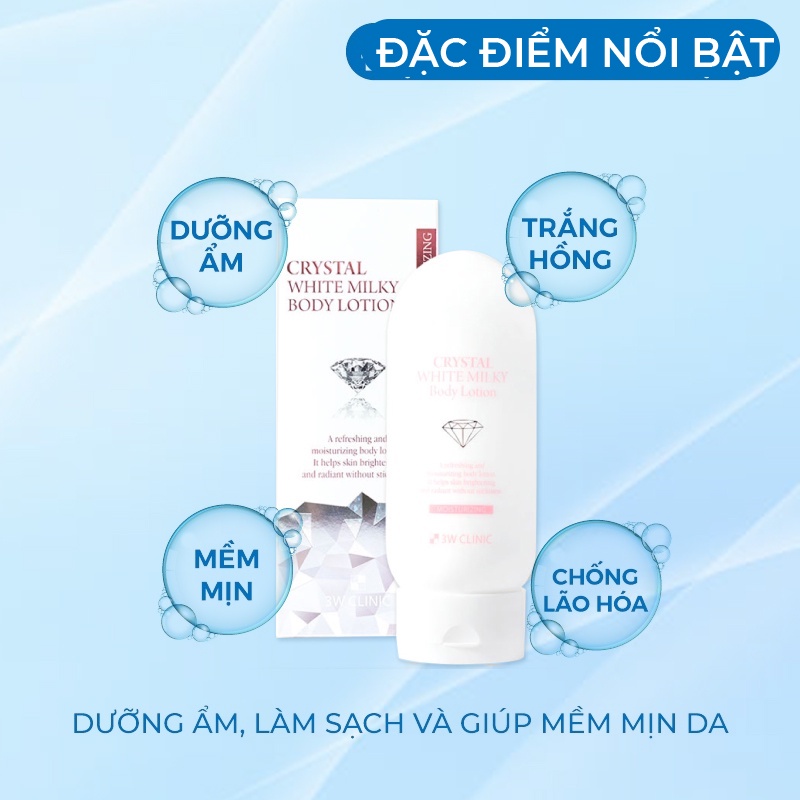 Kem Dưỡng Trắng Da Toàn Thân Body Crystal White Milk Lotion 3w Clinic Hàn Quốc 150ml Giúp Da Trắng Sáng & Cung Cấp Độ Ẩm
