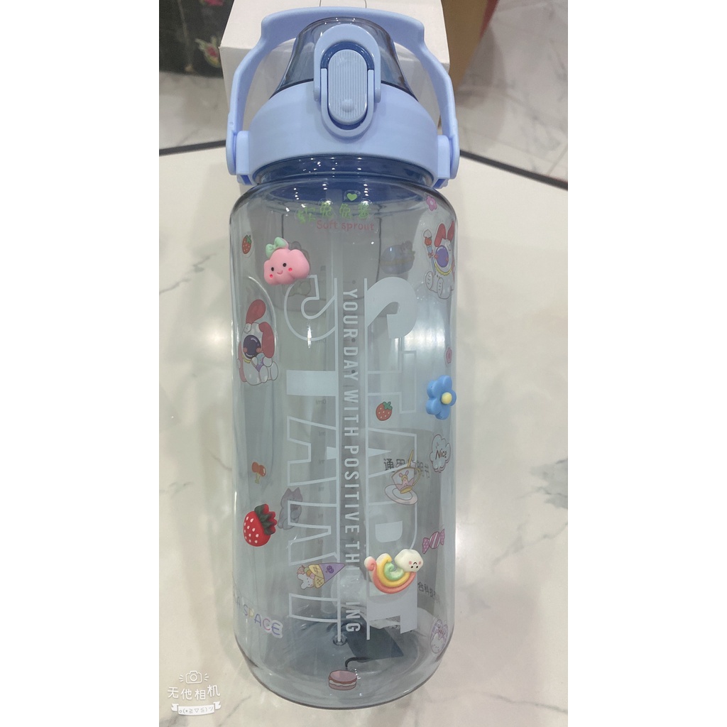 Bình Nước Trong Suốt 2000ML Siêu Xinh Bình Đựng Nước Có Vạch Báo Giờ Uống Nước Kèm Ống Hút Thiết Kế Chống Tràn