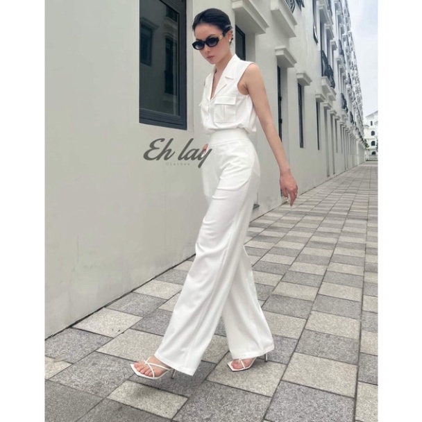 Set vest sát nách quần ống suông túi hộp thiết kế cao cấp vải đũi lạnh