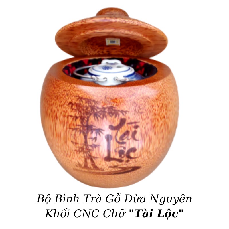 Bộ Bình Trà Gỗ Dừa Không Chân Hoa Văn "Chữ Nhẫn"; "Chữ Gia Đình"; "Chữ Cát Tường", "Chữ Tài Lộc" - Bình Trà 400 - 500ml